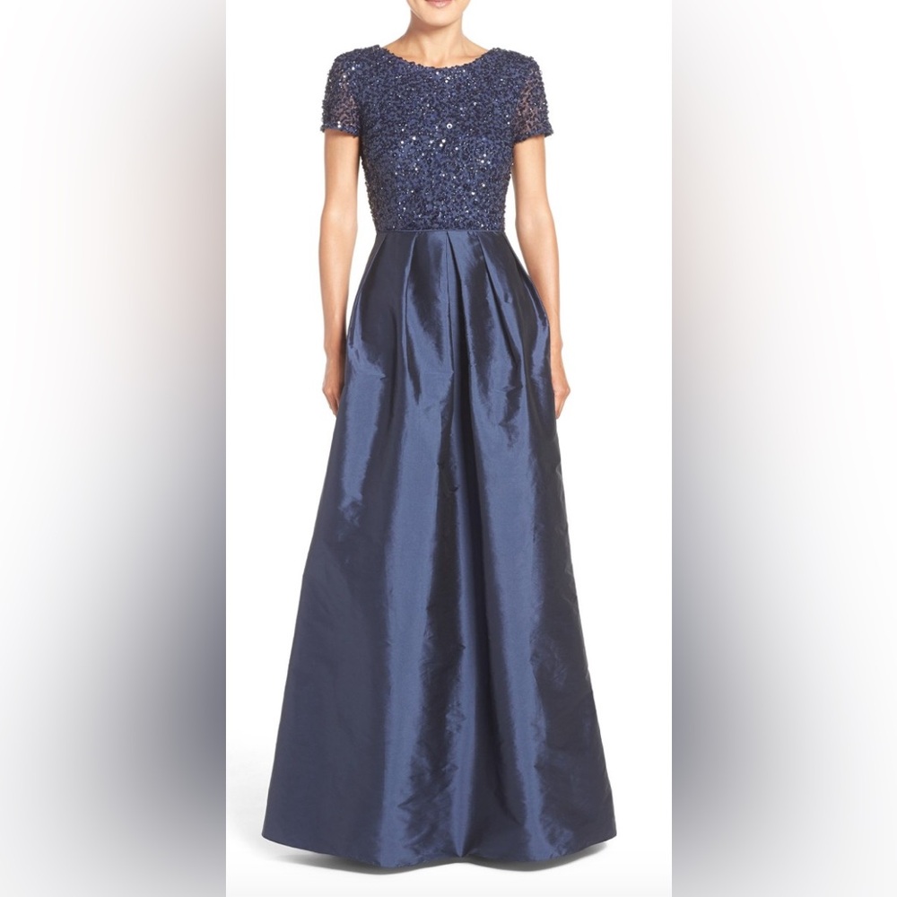Adrianna Papell beaded sequin bodice Tafeta full length formal gown in navy